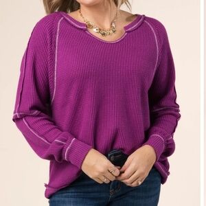 Andree‎ By Unit Waffle Knit Reverse Stitching Pink Med Top Oversized V-Neck NWT